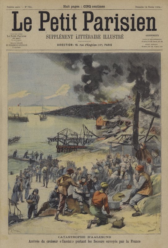 Katastrofbrand i Ålesund Norge (färg litho) av French School