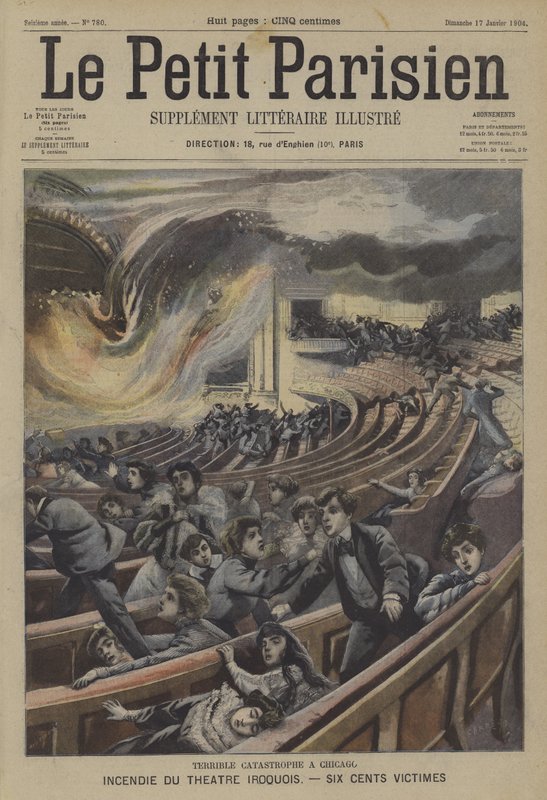 Katastrofbrand i Iroquois Theatre i Chicago (färg litho) av French School