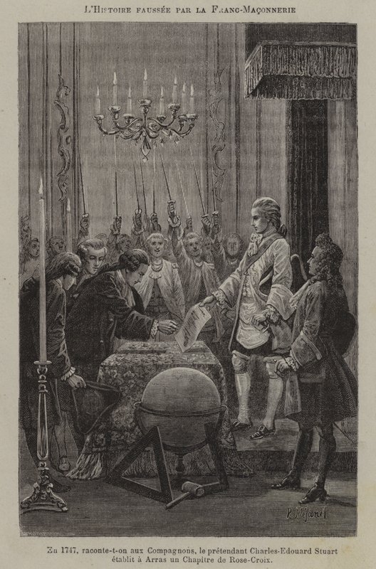 Förvrängning av historien av frimurarna: det förmodade upprättandet av ett kapitel av rosenkorsare av pretendenten Charles Edward Stuart i Arras 1747 (gravyr) av French School
