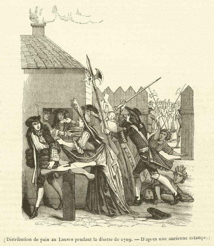 Utdelning av bröd i Louvren under livsmedelsbristen 1709 (gravyr) av French School