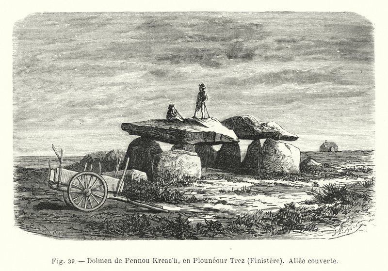 Dolmen av Pennou Kreach, i Plouneour Trez, Finistere, täckt gångväg (gravyr) av French School