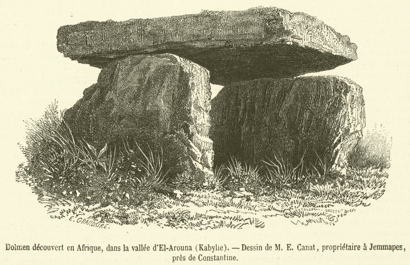 Dolmen upptäckt i Afrika, i dalen El-Arouna, Kabylie (gravyr) av French School