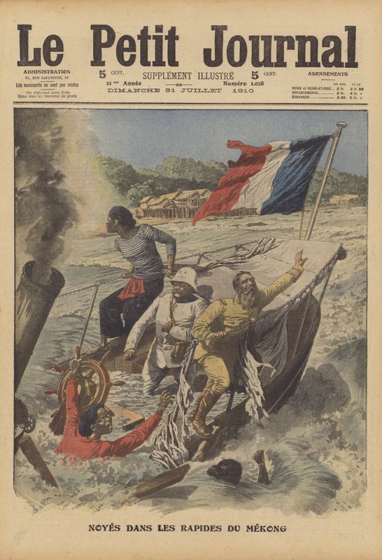 Dränkte i forsen av floden Mekong (färg litho) av French School