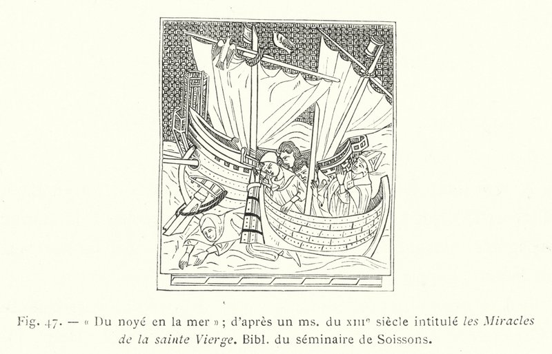Från att drunkna i havet; efter en ms från 1200-talet med titeln The Miracles of the Blessed Virgin, Bibl of the seminary of Soissons (gravyr) av French School