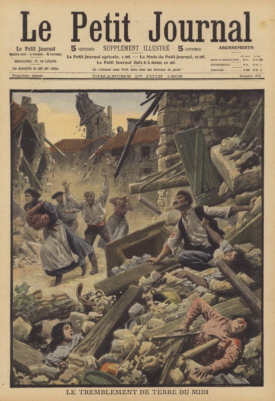 Jordbävning i Midi-regionen i Frankrike (färg litho) av French School