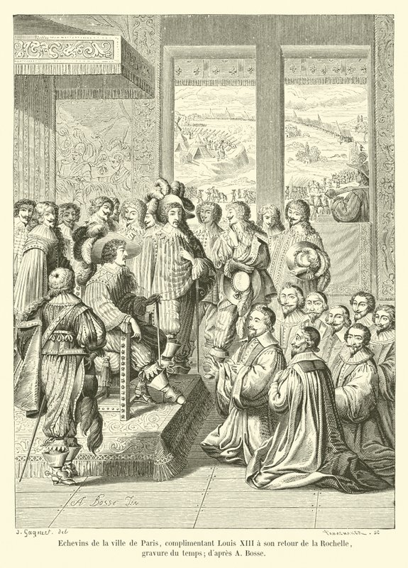 Aldermen av staden Paris, komplimanger Louis XIII på hans återkomst från La Rochelle, tidsgravyr; efter A Bosse av French School