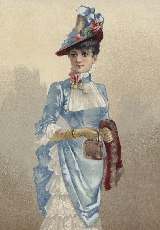 Elegant ung dam i blå klänning som bär liten handväska av French School