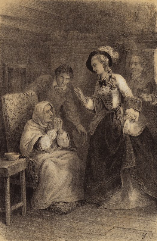 Kejsarinnan Maria Theresia av Österrike på besök hos en husbunden fattig kvinna (litho) av French School
