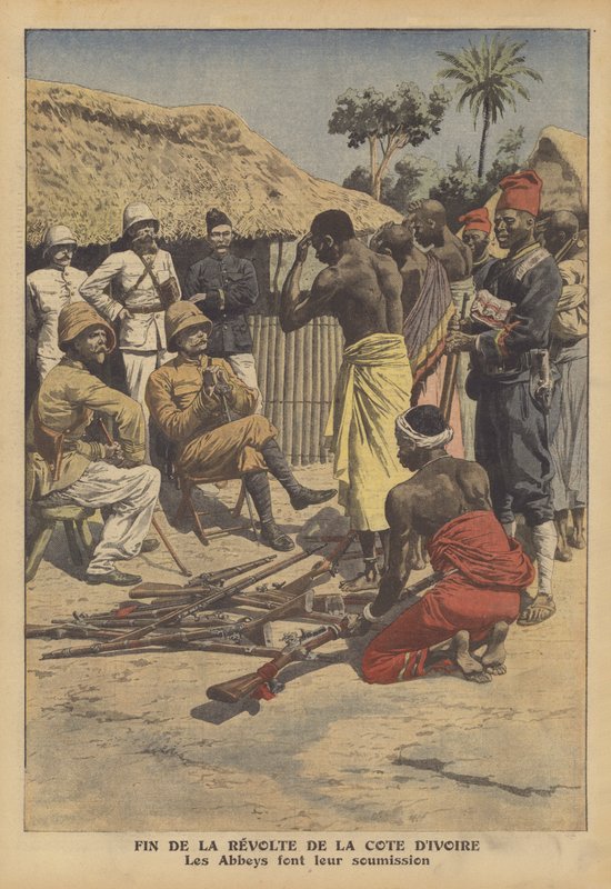 Slutet på en revolt av Abes-folket i Elfenbenskusten (färg litho) av French School