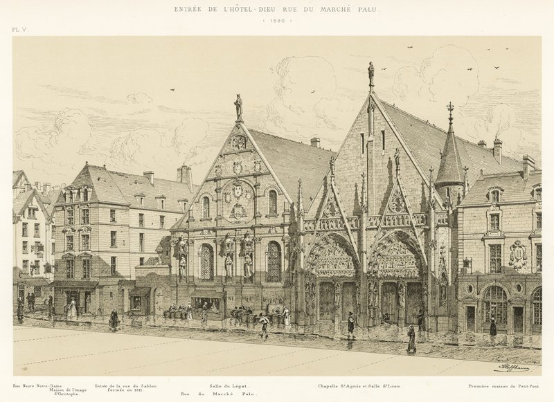 Ingången till Hotel-Dieu rue du Marche Palu, 1590 av French School