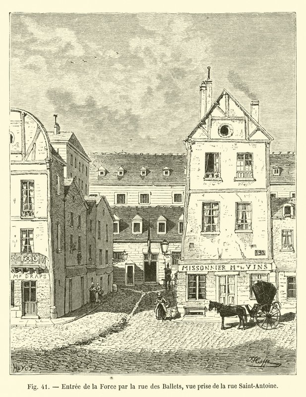 Ingång till La Force via rue des Ballets, vy tagen från rue Saint-Antoine av French School