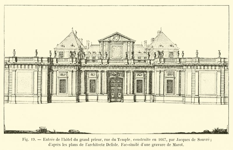 Ingången till Hôtel du Grand Prior, rue du Temple, byggd 1667 av Jacques de Souvre; enligt planerna av arkitekten Delisle, Faksimil av en gravyr av Marot av French School