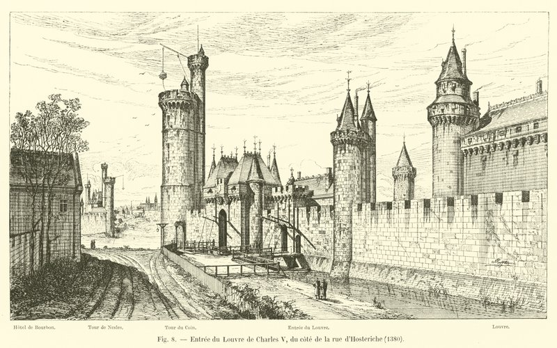 Ingången till Charles Vs Louvren, från rue dHosteriche, 1380 av French School