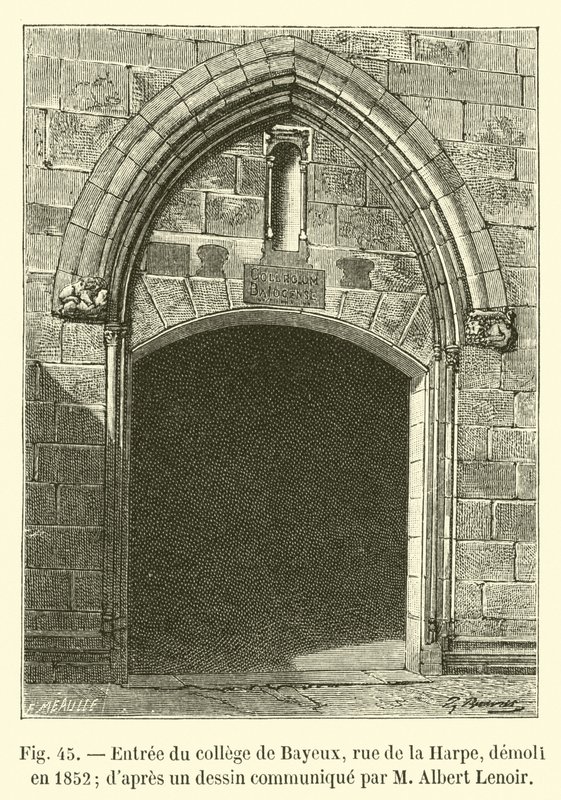 Ingången till Bayeux college, rue de la Harpe, revs 1852; från en teckning kommunicerad av M Albert Lenoir av French School