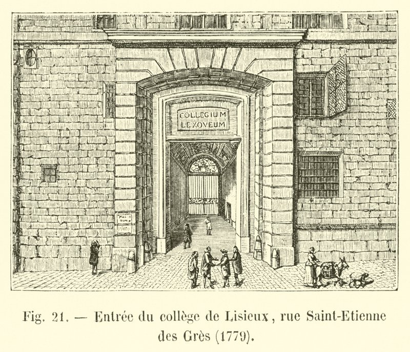 Ingången till college i Lisieux, rue Saint-Etienne des Gres, 1779 av French School