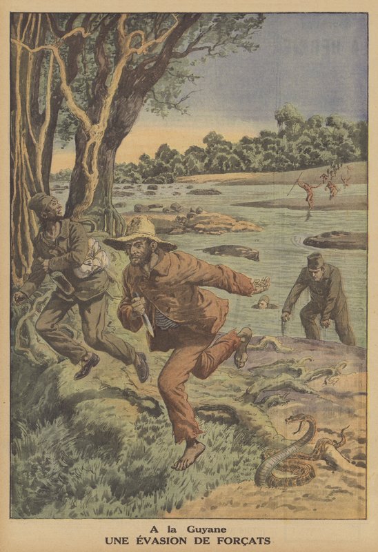 Flykt av fångar i Franska Guyana (färg litho) av French School