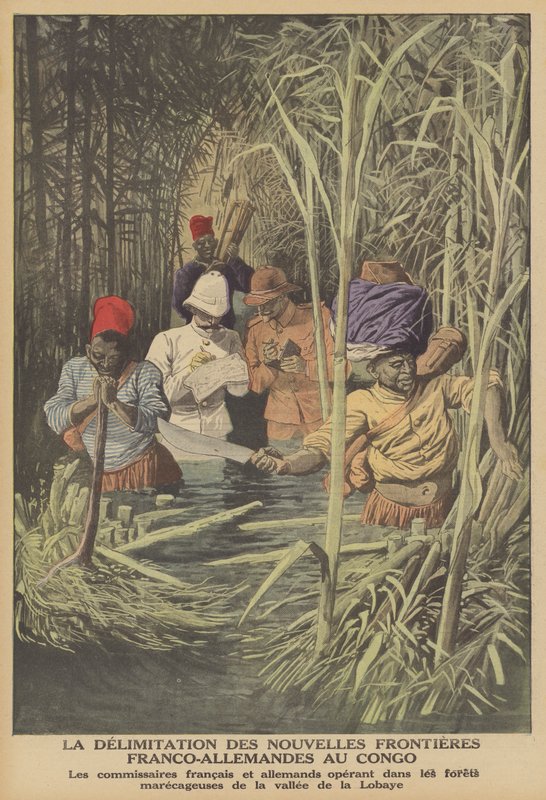 Fastställande av gränsen mellan franska och tyska territorier i Kongo (färg litho) av French School