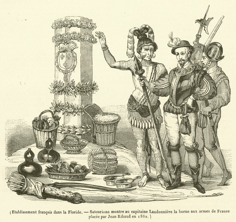 Fransk etablering i Florida, Satouriona visar kapten Laudonniere terminalen med Frankrikes armar placerade av Jean Ribaud 1562 (gravyr) av French School