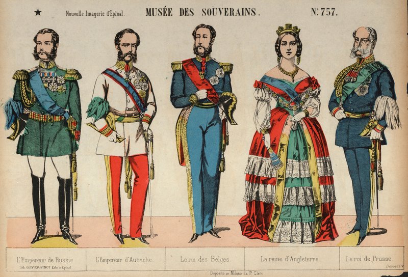 Europeiska kungligheter (färgad gravyr) av French School