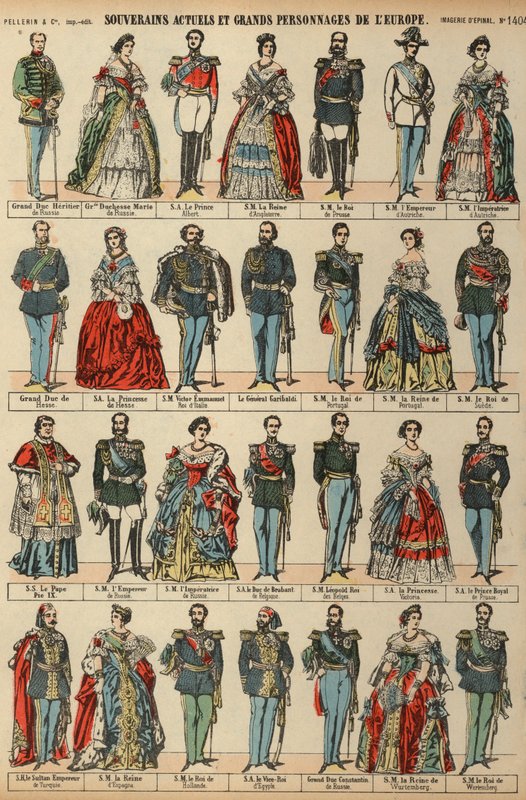 Europeiska kungligheter (färgad gravyr) av French School