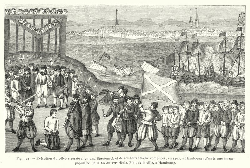 Avrättning av den berömda tyska piraten Stoerteneck och hans sjuttio medbrottslingar, 1402, i Hamburg; efter en populär bild från slutet av 1500-talet, City Bibl, Hamburg (gravyr) av French School