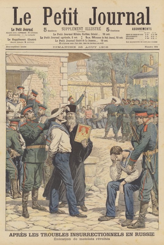 Avrättning av ryska sjömän som gjorde myteri i augusti 1906 (färg litho) av French School