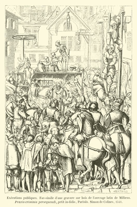 Executions publiques, Fac-simile dune gravure sur bois de louvrage latin de Millaeus, Praxis criminis persequendi, petit in-folio, Parisiis, Simon de Colines, 1541 av French School