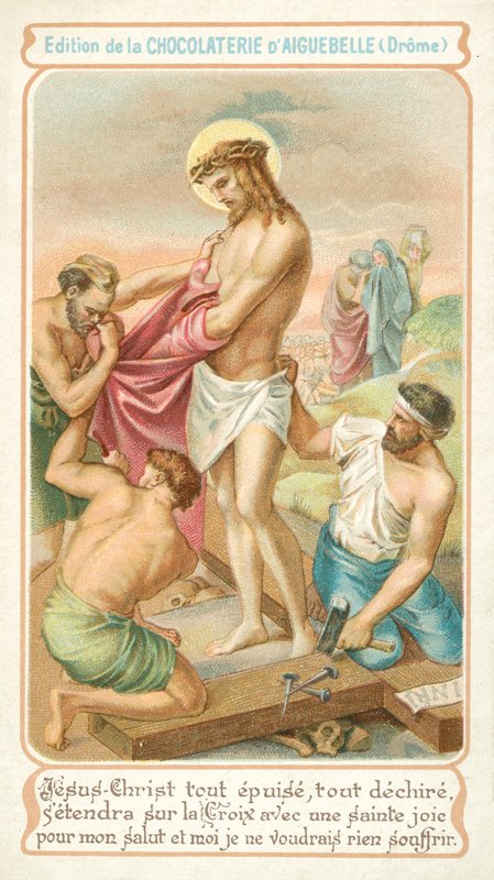Utmattad förbereder sig Jesus för att bli spikad på korset (chromolitho) av French School