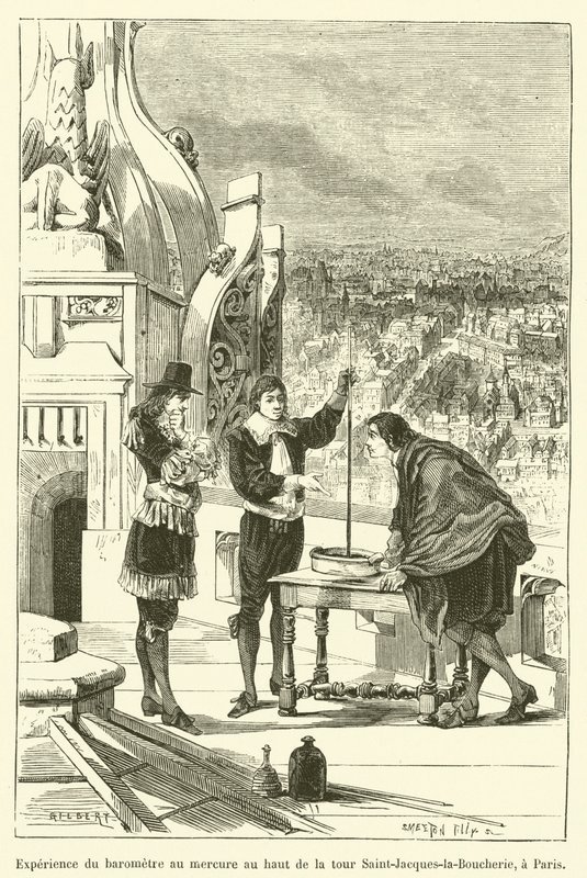 Upplevelse av kvicksilverbarometern på toppen av Saint-Jacques-la-Boucherie-tornet, i Paris (gravyr) av French School