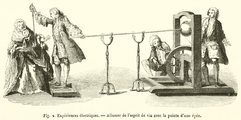 Elektriska experiment, tänder andan av vin med spetsen av ett svärd (gravyr) av French School