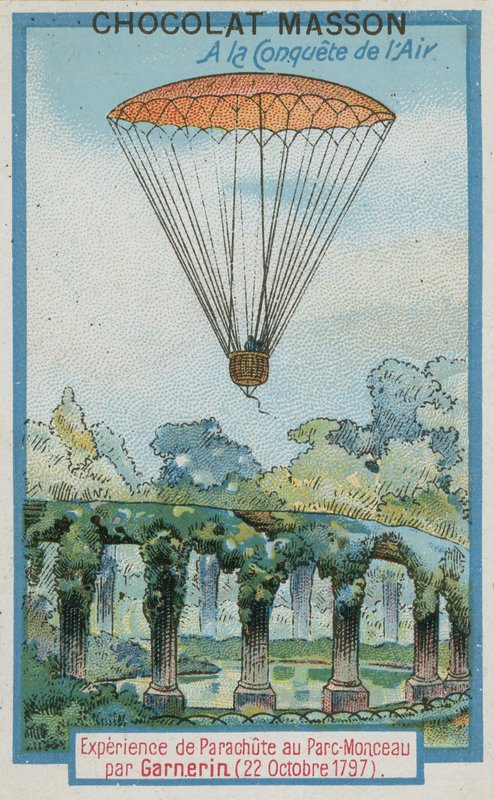 Experimentera med fallskärmshoppning vid Parc Monceau av Andre-Jacques Garnerin (22 oktober 1797) av French School
