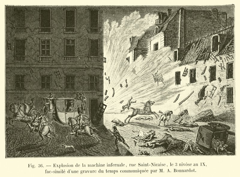 Explosion av den infernaliska maskinen, rue Saint-Nicaise, 3 Nivose, år IX, faksimil av en gravyr från tiden meddelad av M A Bonnardot av French School