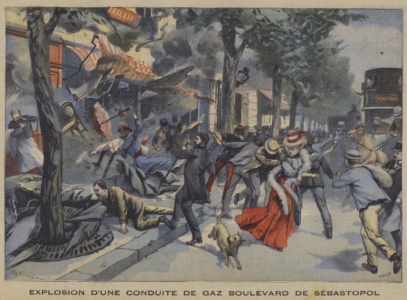 Explosion av en gasledning i Boulevard de Sebastopol, Paris av French School