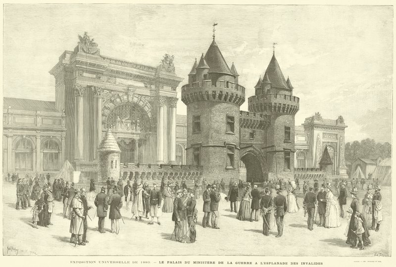 Universell utställning 1889, Krigsministeriets palats vid Esplanade des Invalides (gravyr) av French School