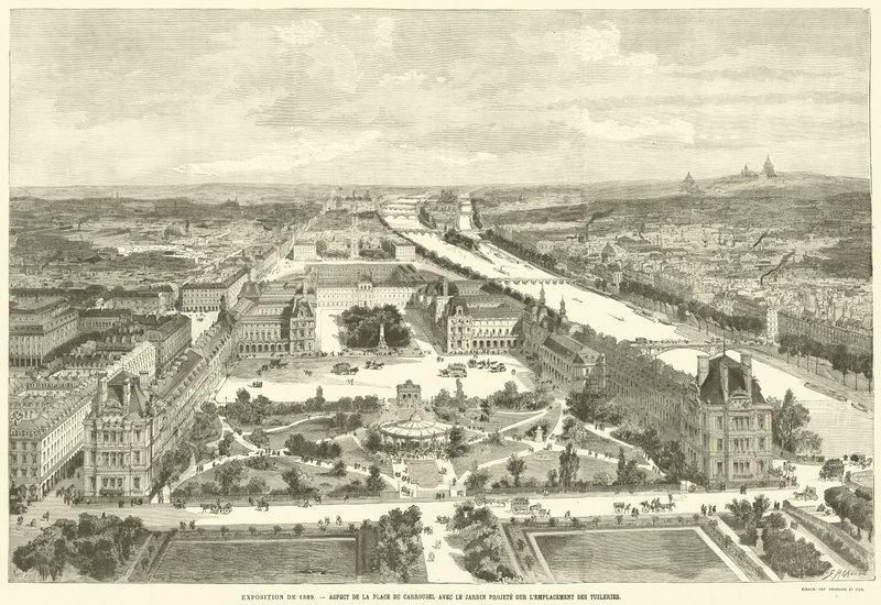 Utställning 1889, aspekt av Place du Carrousel med den planerade trädgården på platsen för Tuilerierna (gravyr) av French School