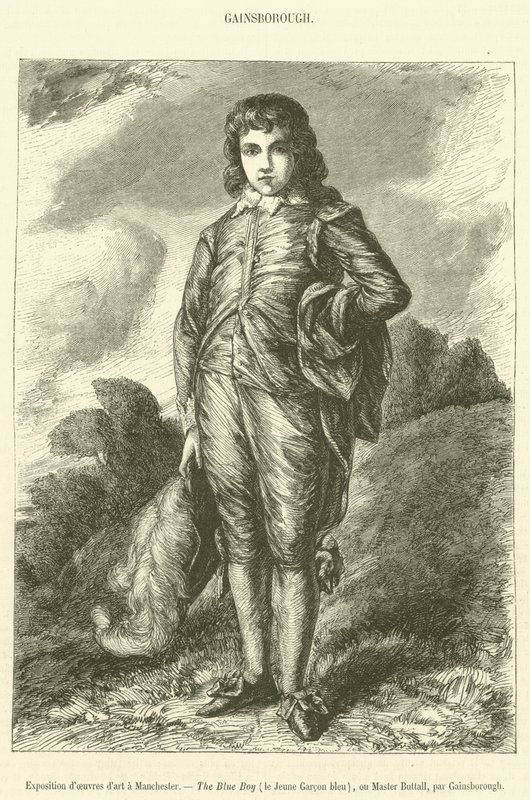 Utställning av konstverk i Manchester, The Blue Boy, le Jeune Garcon bleu eller Master Buttall (gravyr) av French School