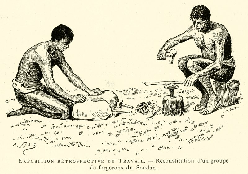 Retrospektiv utställning av Labour, rekonstruktion av en grupp smeder från Sudan (gravyr) av French School