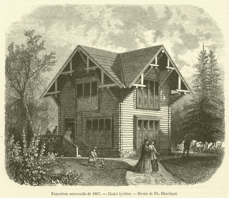 Universell utställning 1867, tyrolsk stuga (gravyr) av French School