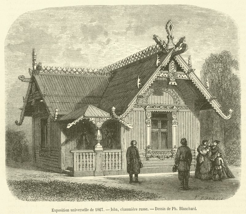 Universell utställning 1867, Isba, rysk stuga (gravyr) av French School