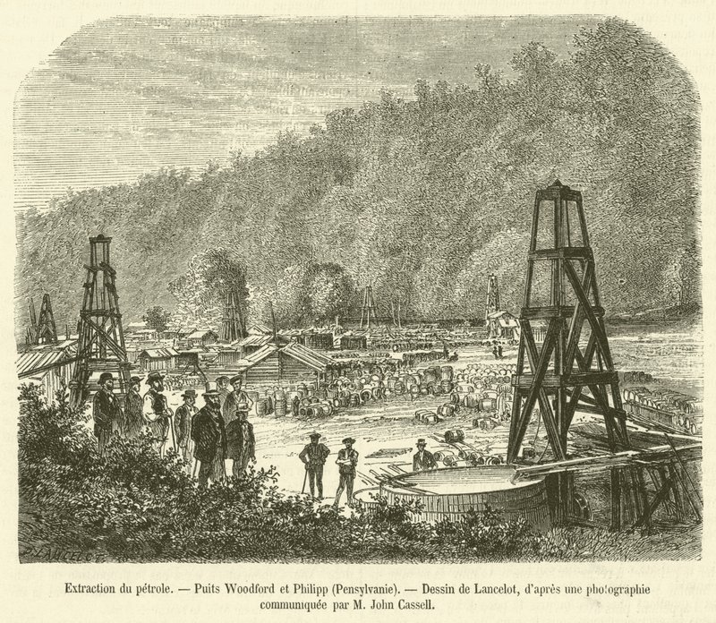 Oljeutvinning, Woodford och Philipp Wells, Pennsylvania (gravyr) av French School