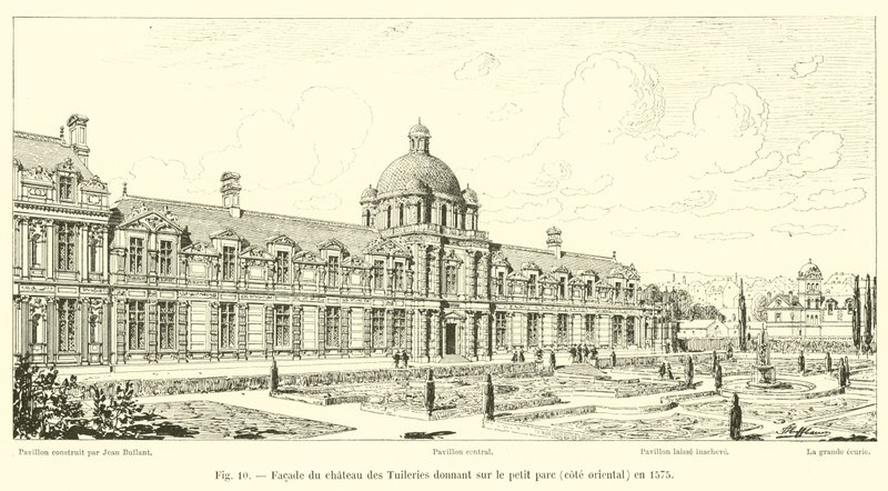 Fasaden på Chateau des Tuileries med utsikt över den lilla parken, östra sidan, 1575 av French School