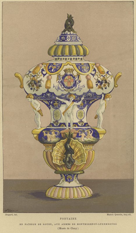 Faience de Rouen vattenfontän med armarna på huset Montmorency-Luxembourg av French School