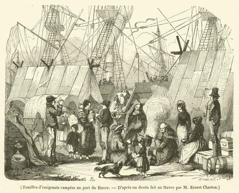 Emigrantfamiljer slog läger i hamnen i Le Havre (gravyr) av French School