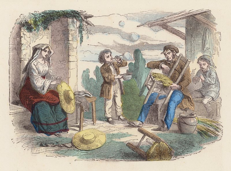 Familj som arbetar med halm (färgad gravyr) av French School