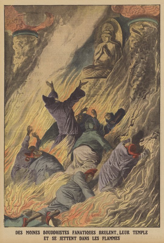 Fanatiska buddhistiska munkar som bränner sitt tempel och kastar sig i lågorna på ön Formosa (färg litho) av French School