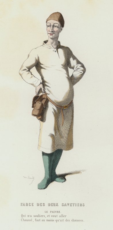 Farce Des Deux Savetiers (färgad gravyr) av French School