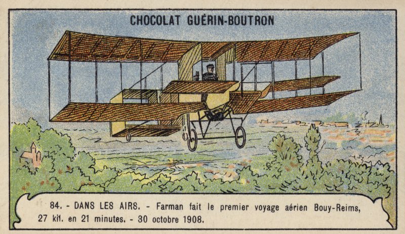 Farman gjorde det första längdflyget i Europa, från Bouy till Reims, Frankrike, 30 oktober 1908 (chromolitho) av French School