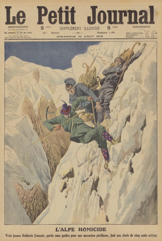 Dödlig bergsbestigningsolycka i de schweiziska alperna (färg litho) av French School