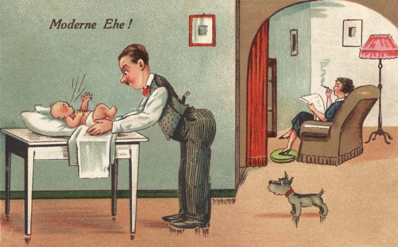 Pappa byter barn (färg litho) av French School