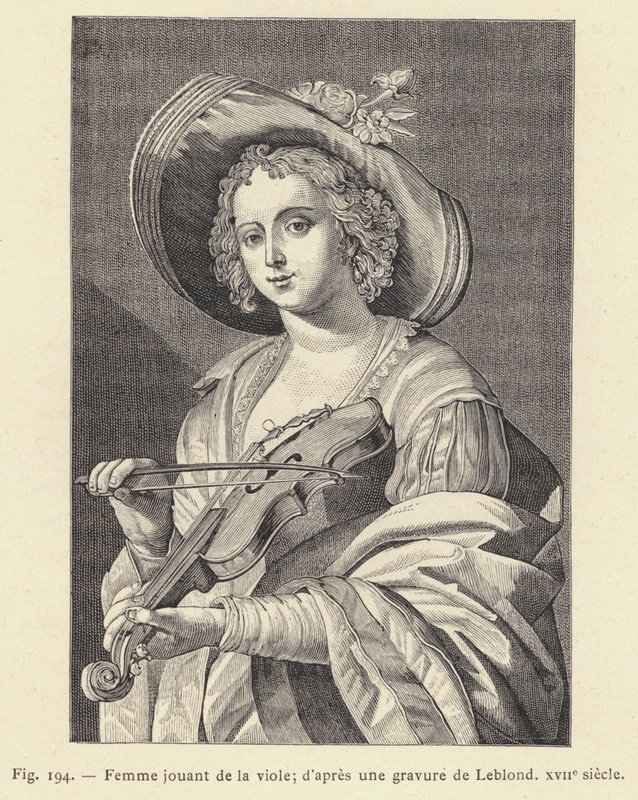 Kvinna som spelar viol, efter en gravyr av Leblond, 1600-talet (gravyr) av French School